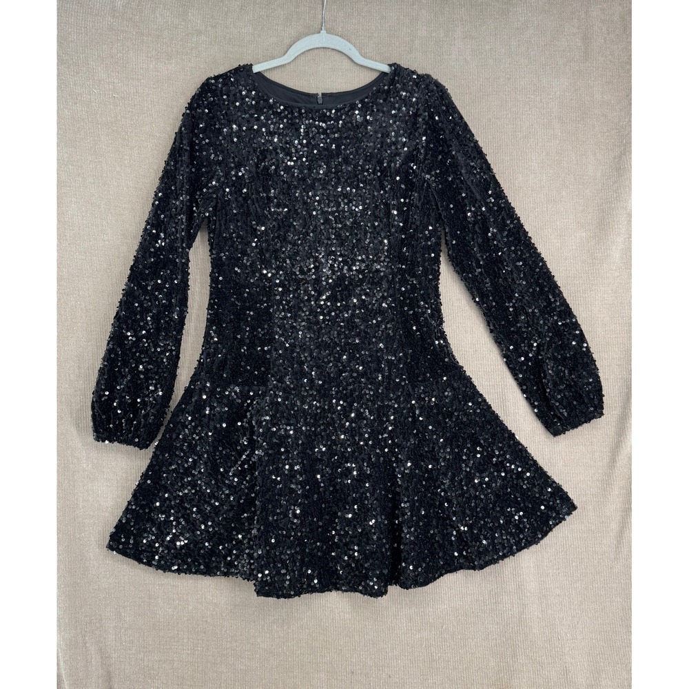 Cato Womens Black Sequin Long Sleeve Fit and Flare Mini Dress Size M RN37080